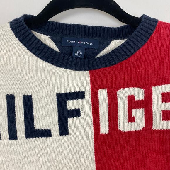 Tommy Hilfiger L (12-14) Navy Red Colorblock Sweater Logo Pullover Long Sleeve - Picture 5 of 10